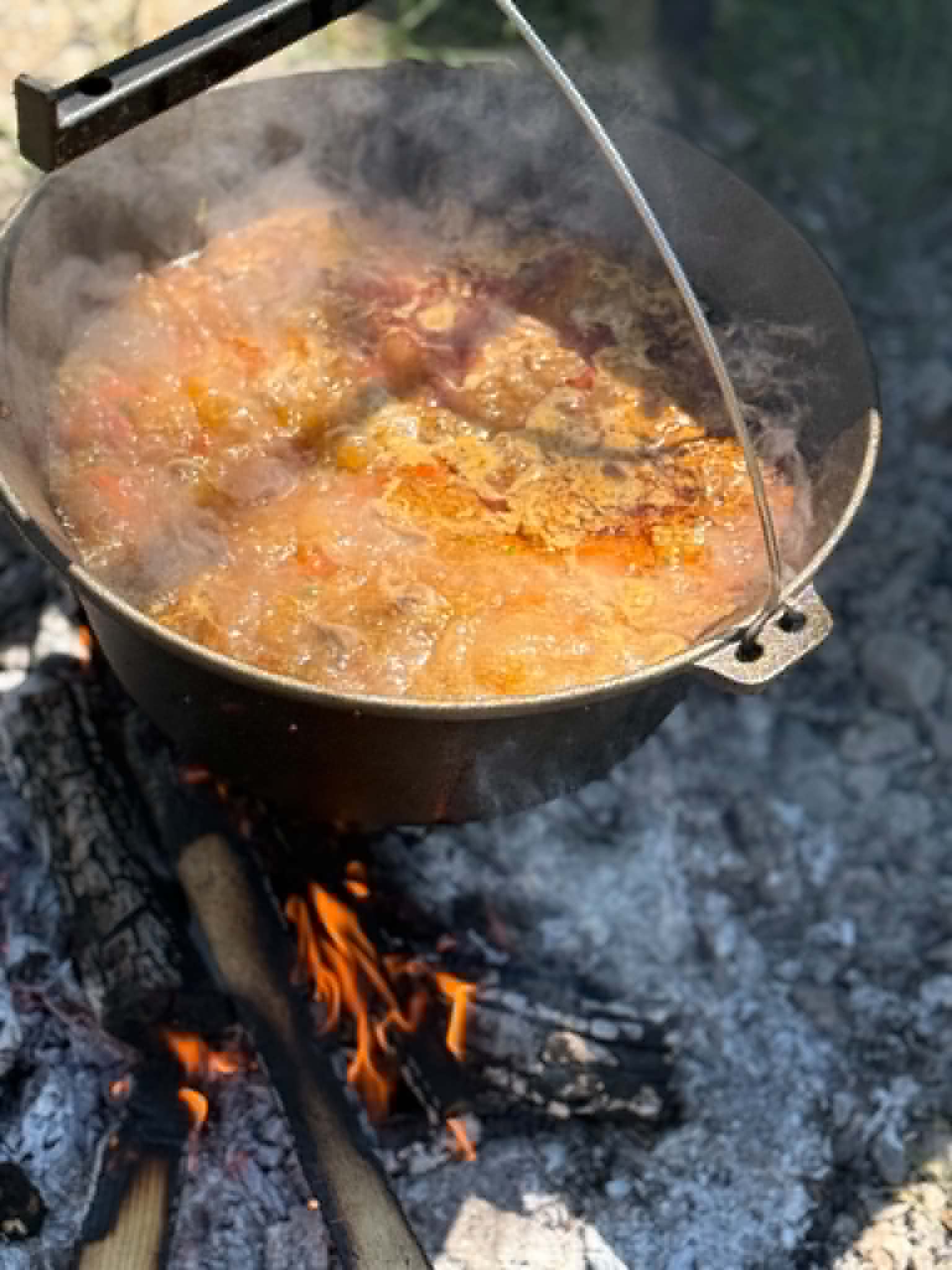 Tocană la ceaun, fierbând pe foc